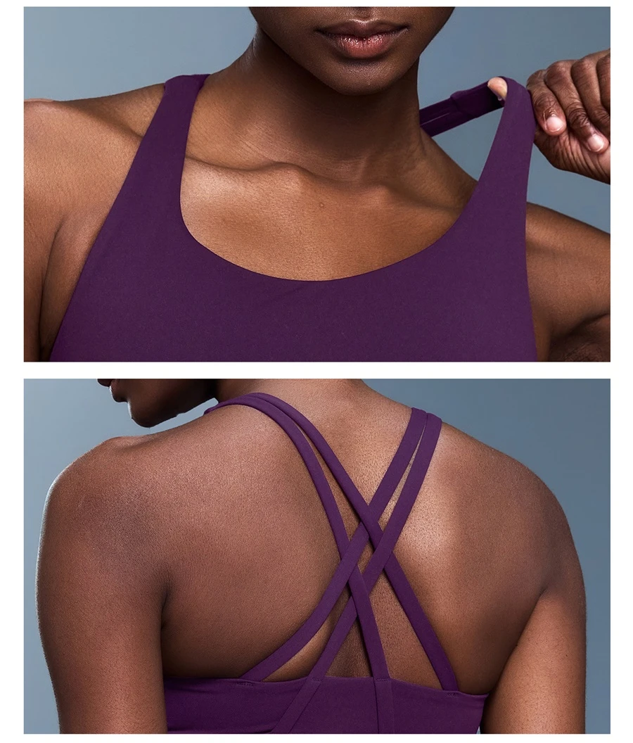 Women's cross back sports bra with U-neck design and supportive fit