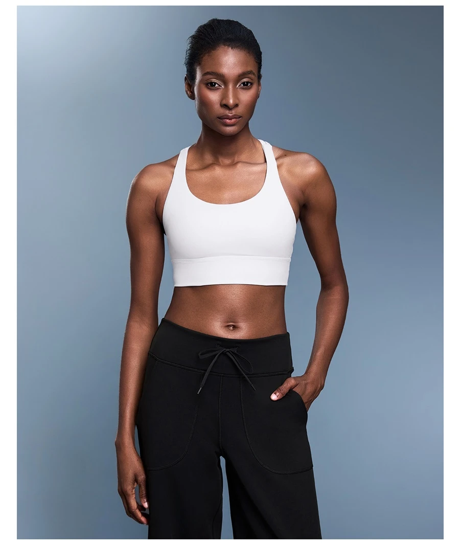 Women's cross back sports bra with U-neck design and supportive fit