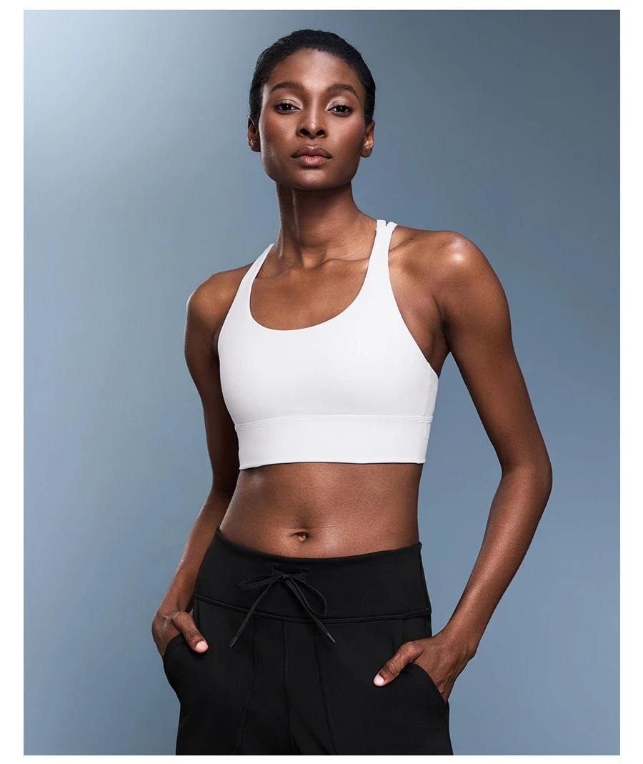 High support workout bra with removable padded cups and wide elastic band-white