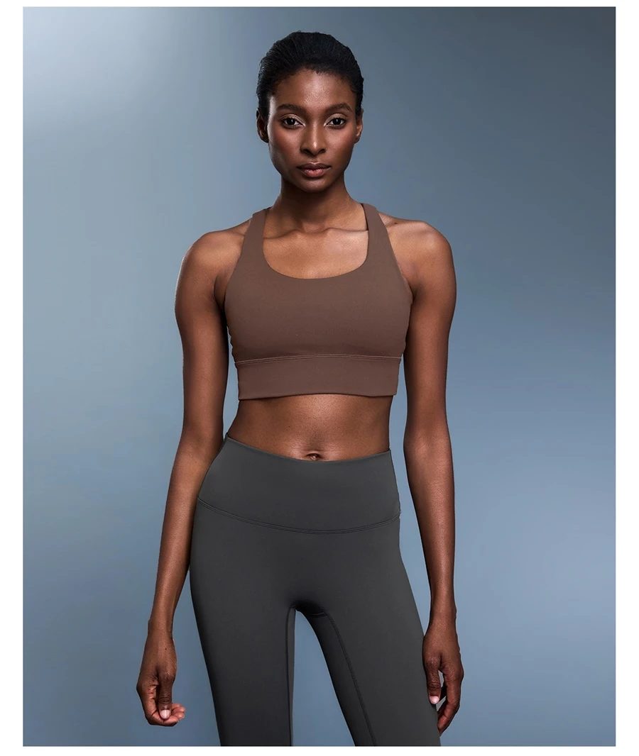 Women's cross back sports bra with U-neck design and supportive fit-brown