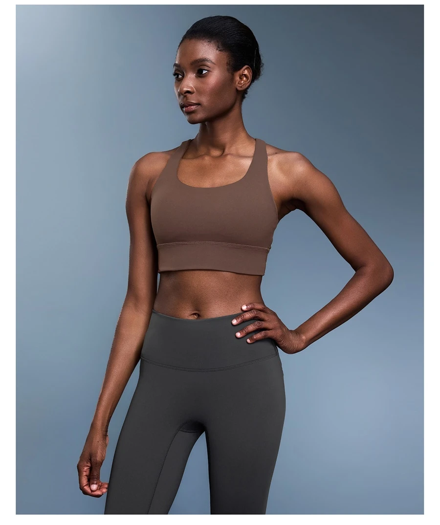 High support workout bra with removable padded cups and wide elastic band-brown