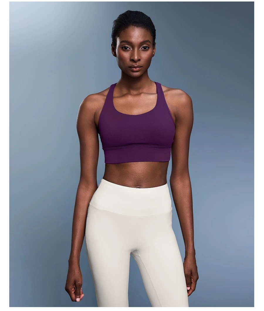 High support workout bra with removable padded cups and wide elastic band