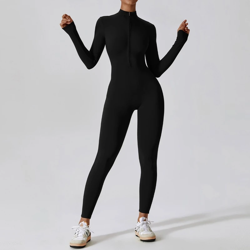 Compression Full Body Long-Sleeve Gym Bodysuit | High-Impact Yoga Jumpsuit with Half-Zip - Image 2