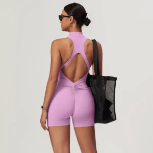 Short High Impact Gym Bodysuit | Zippered Yoga Jumpsuit with Open Back & Lifting Effect