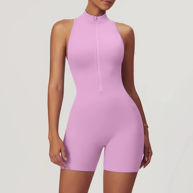 Short High Impact Gym Bodysuit | Zippered Yoga Jumpsuit with Open Back & Lifting Effect - Image 2