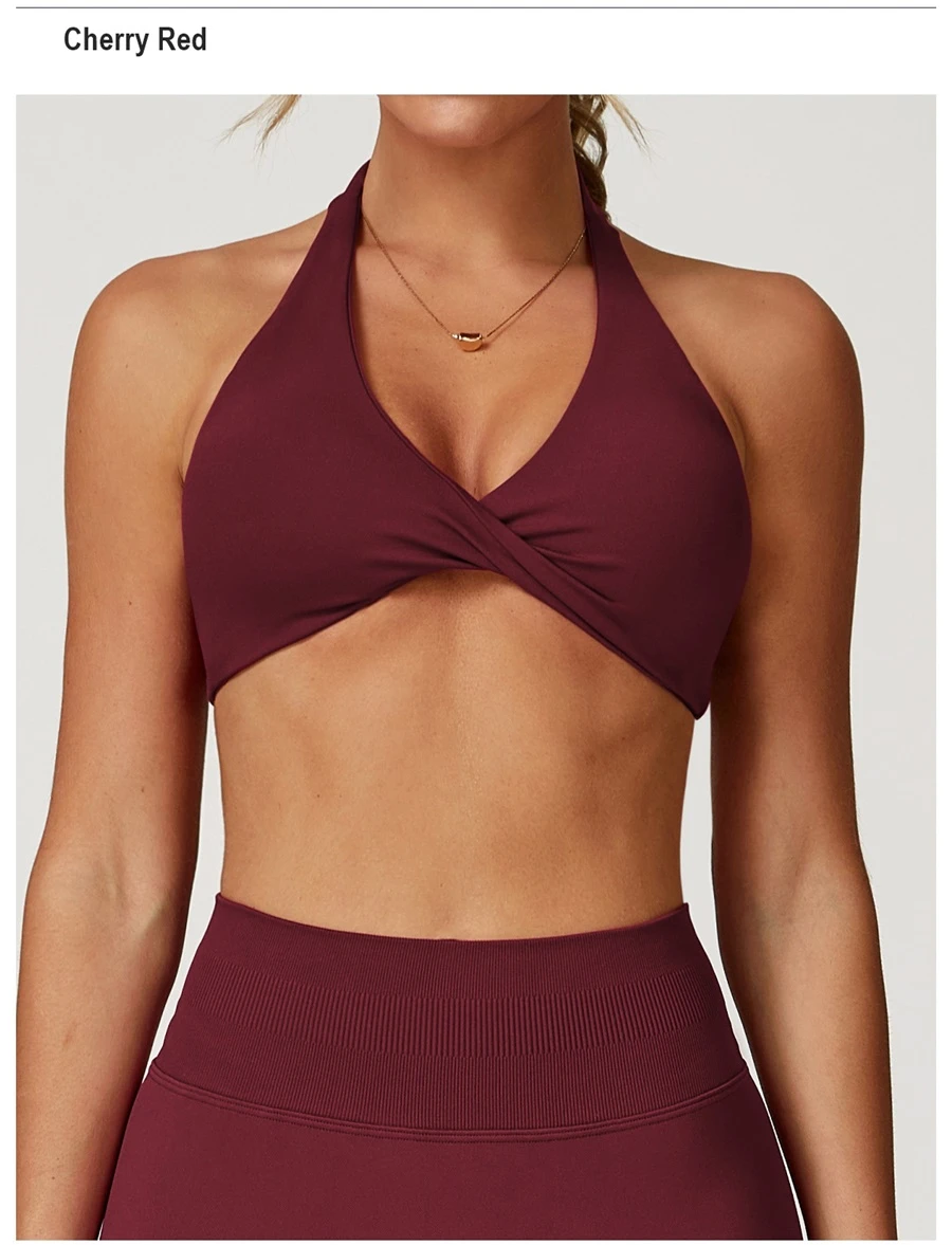 Women's nylon spandex yoga sports bra with twisted front design-cherry red