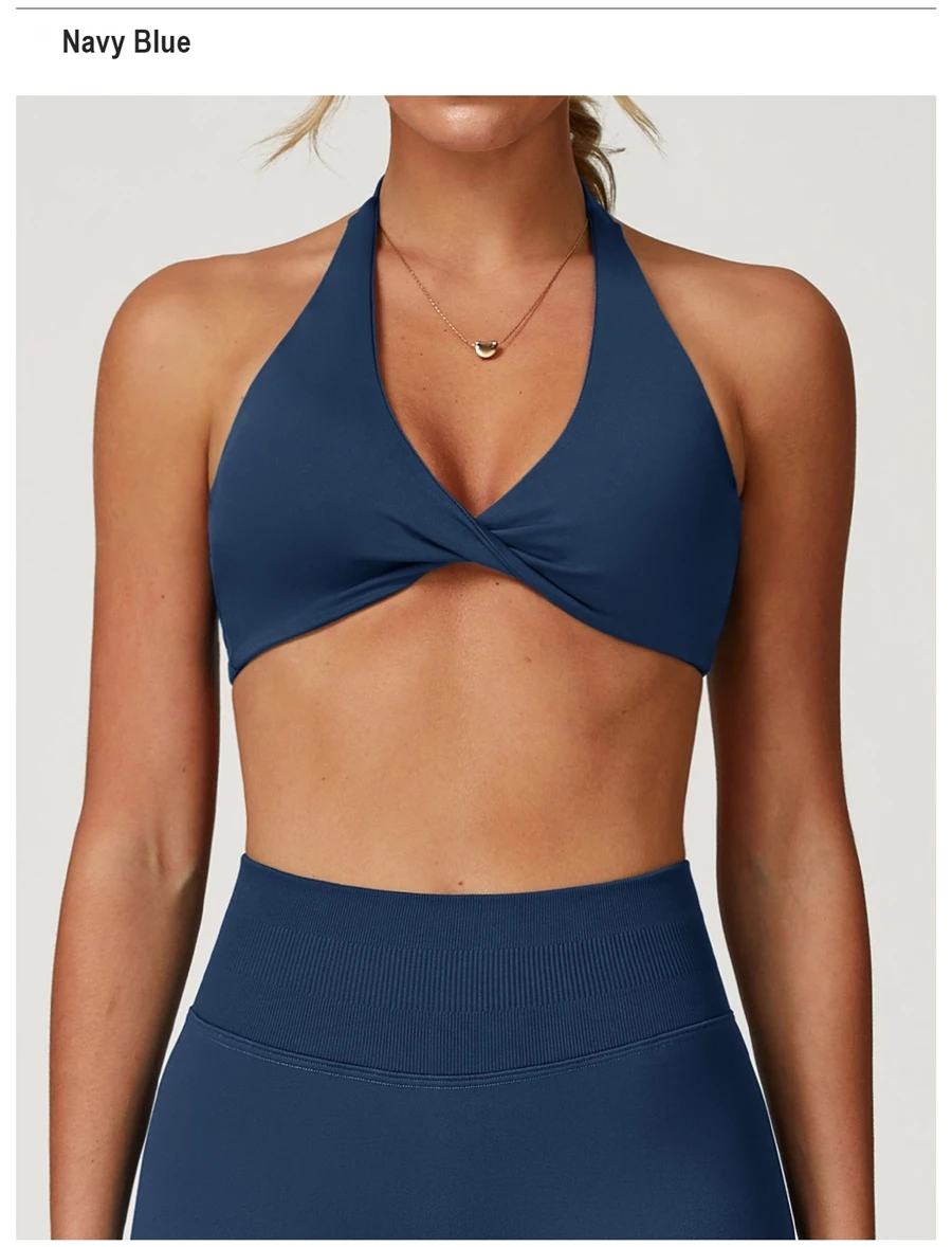Women's nylon spandex yoga sports bra with twisted front design-navy blue