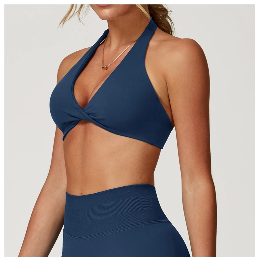 side view for halter sports bra-navy blue