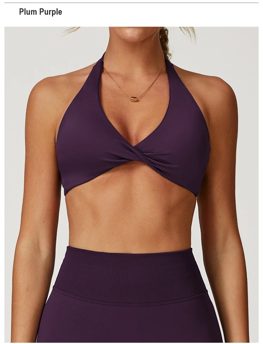 Women's nylon spandex yoga sports bra with twisted front design-plum purple