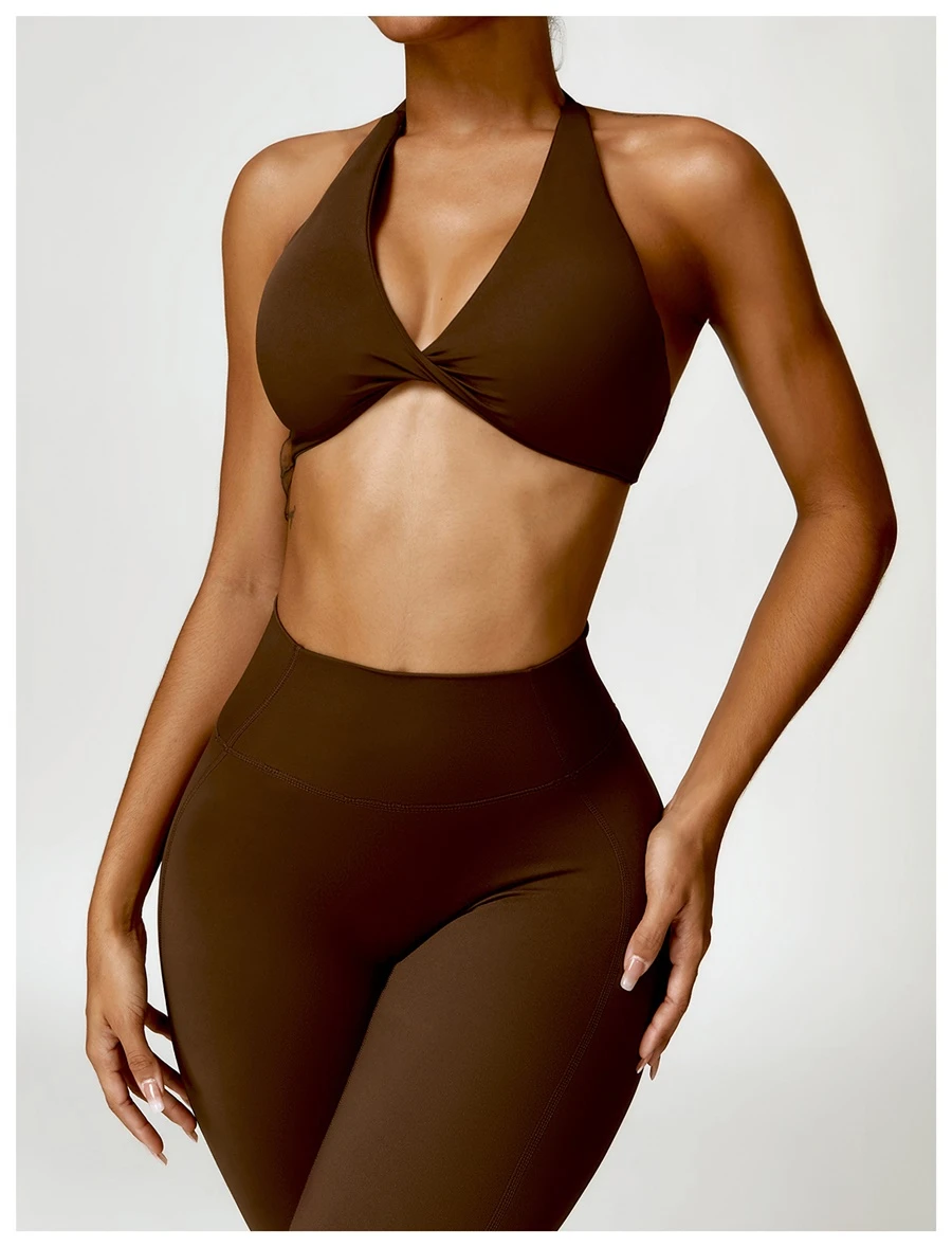 Women's nylon spandex yoga sports bra with twisted front design-coffee
