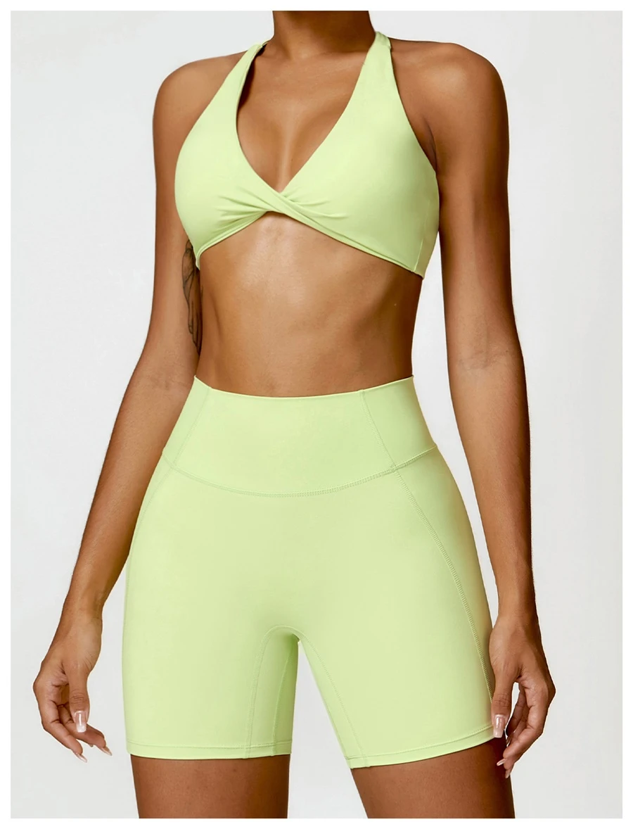 Women's nylon spandex yoga sports bra with twisted front design-light yellow green