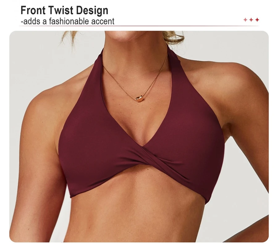Women's nylon spandex yoga sports bra with twisted front design