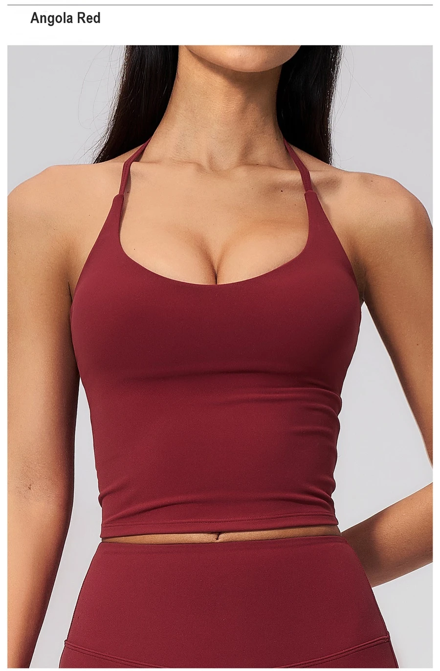 front view for Deep V neck women's workout tank top with removable padded cups-angola red