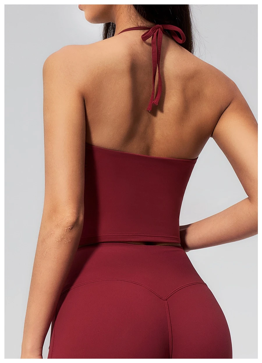 Open back halter yoga tank top highlighting shoulder blades-angola red