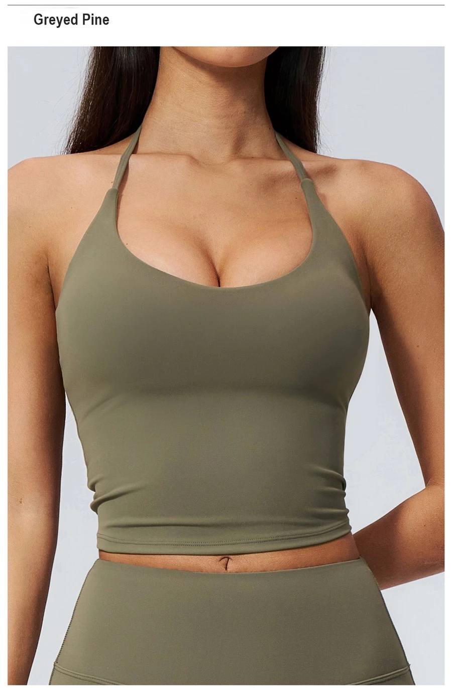 front view for Deep V neck women's workout tank top with removable padded cups-greyed pine