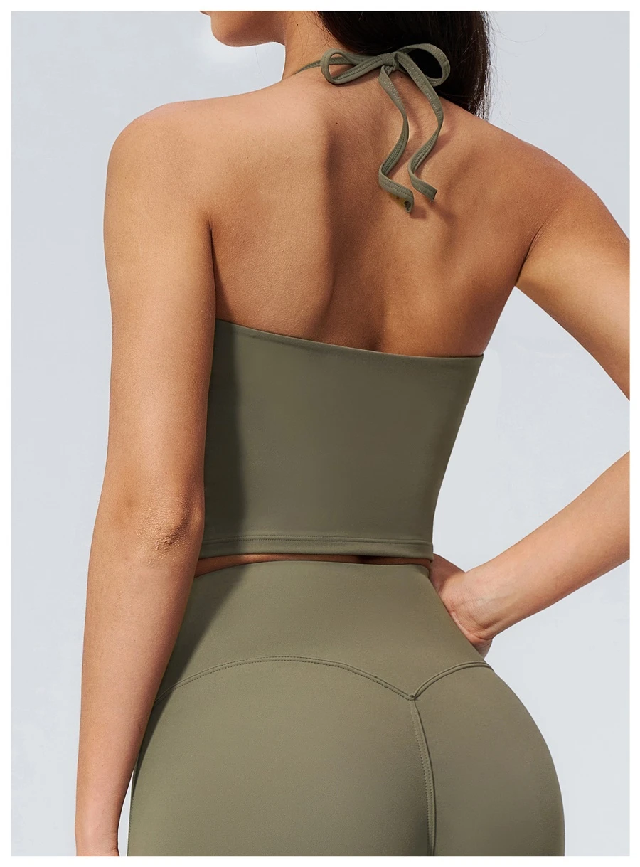 Open back halter yoga tank top highlighting shoulder blades-greyed pine