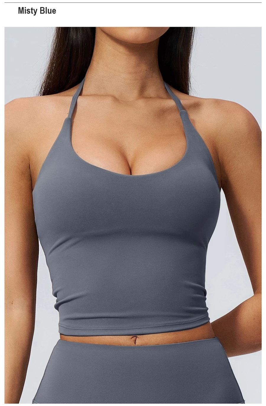 front view for Deep V neck women's workout tank top with removable padded cups-misty blue