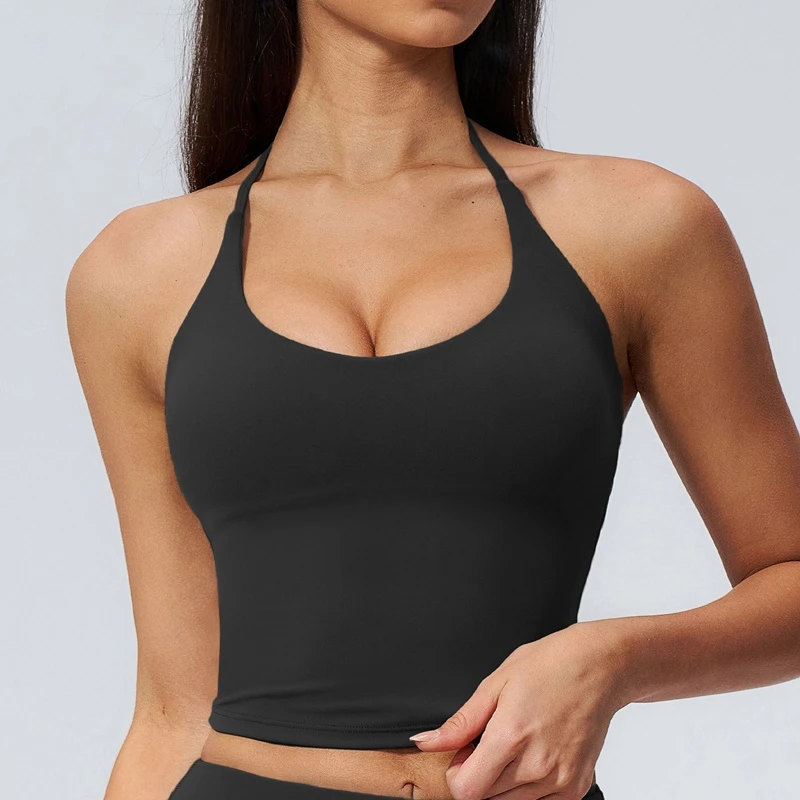 Women's buttery soft halter yoga tank top with deep V neck and open back-black