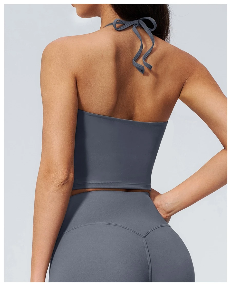 Open back halter yoga tank top highlighting shoulder blades-misty blue