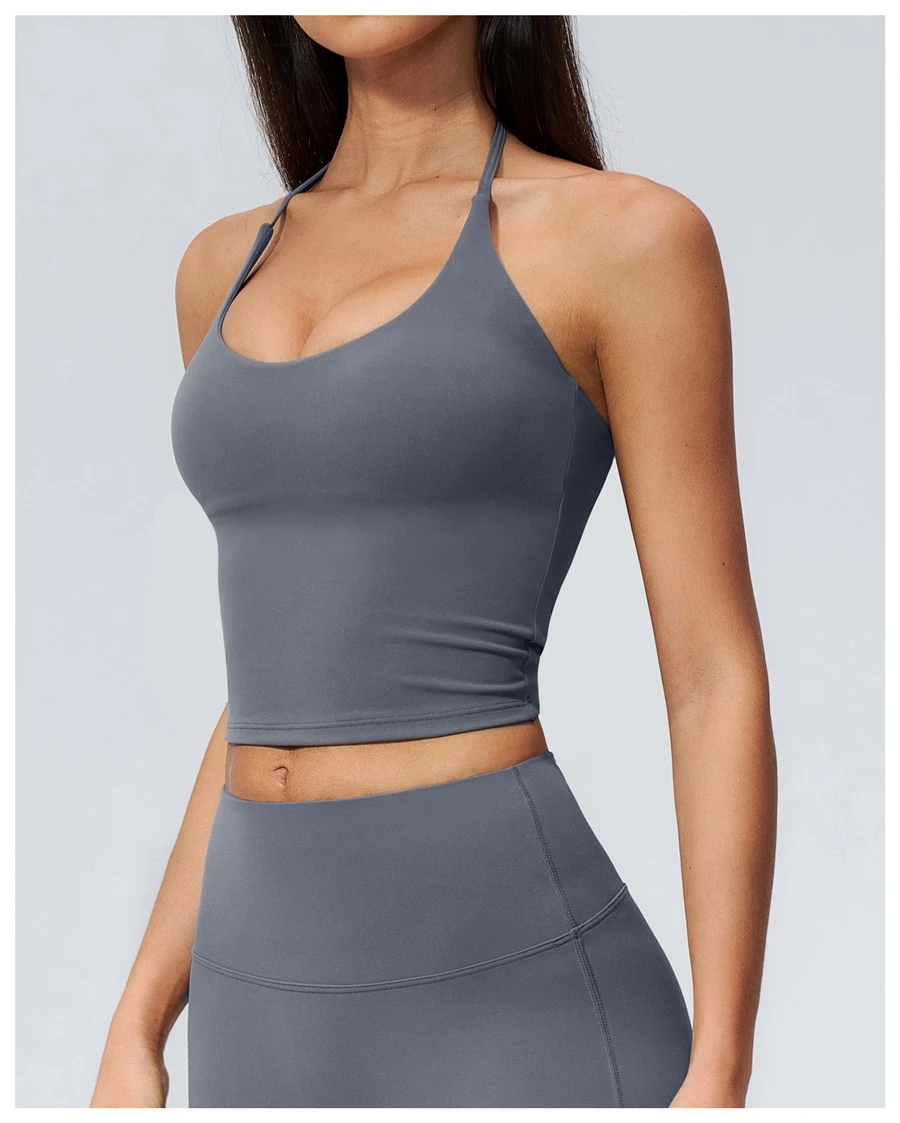 side view for Buttery soft nylon spandex fitness tank top for yoga and Pilates-misty blue
