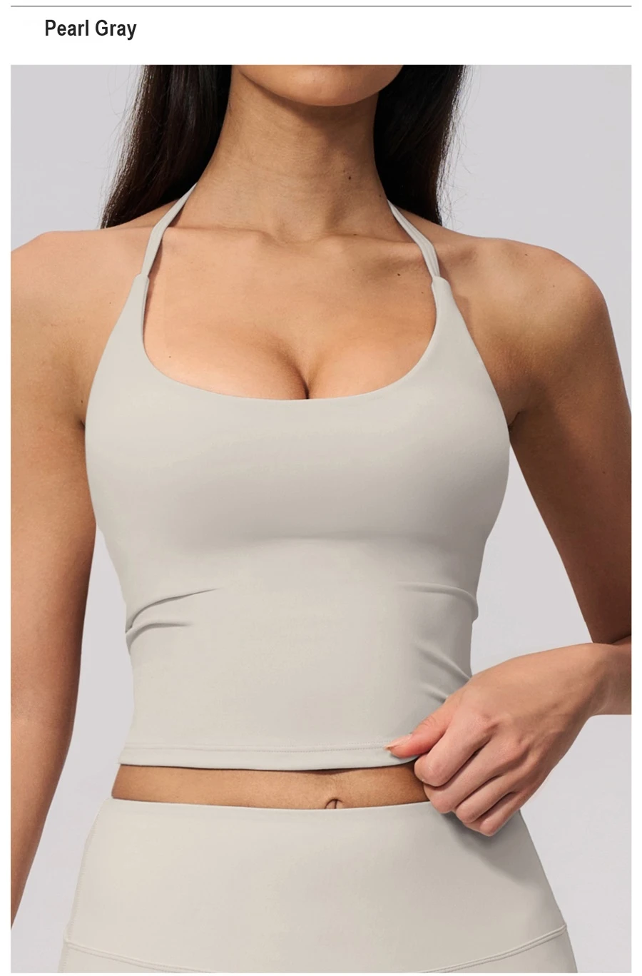 front view for Deep V neck women's workout tank top with removable padded cups-pearl grey