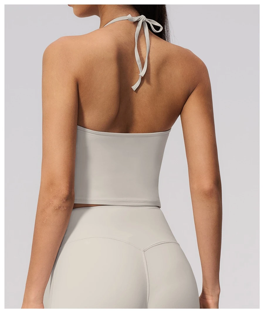 Open back halter yoga tank top highlighting shoulder blades-pearl grey