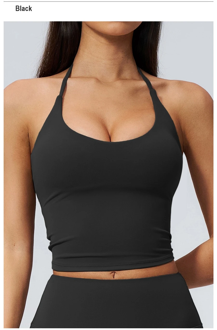 front view for Deep V neck women's workout tank top with removable padded cups-black