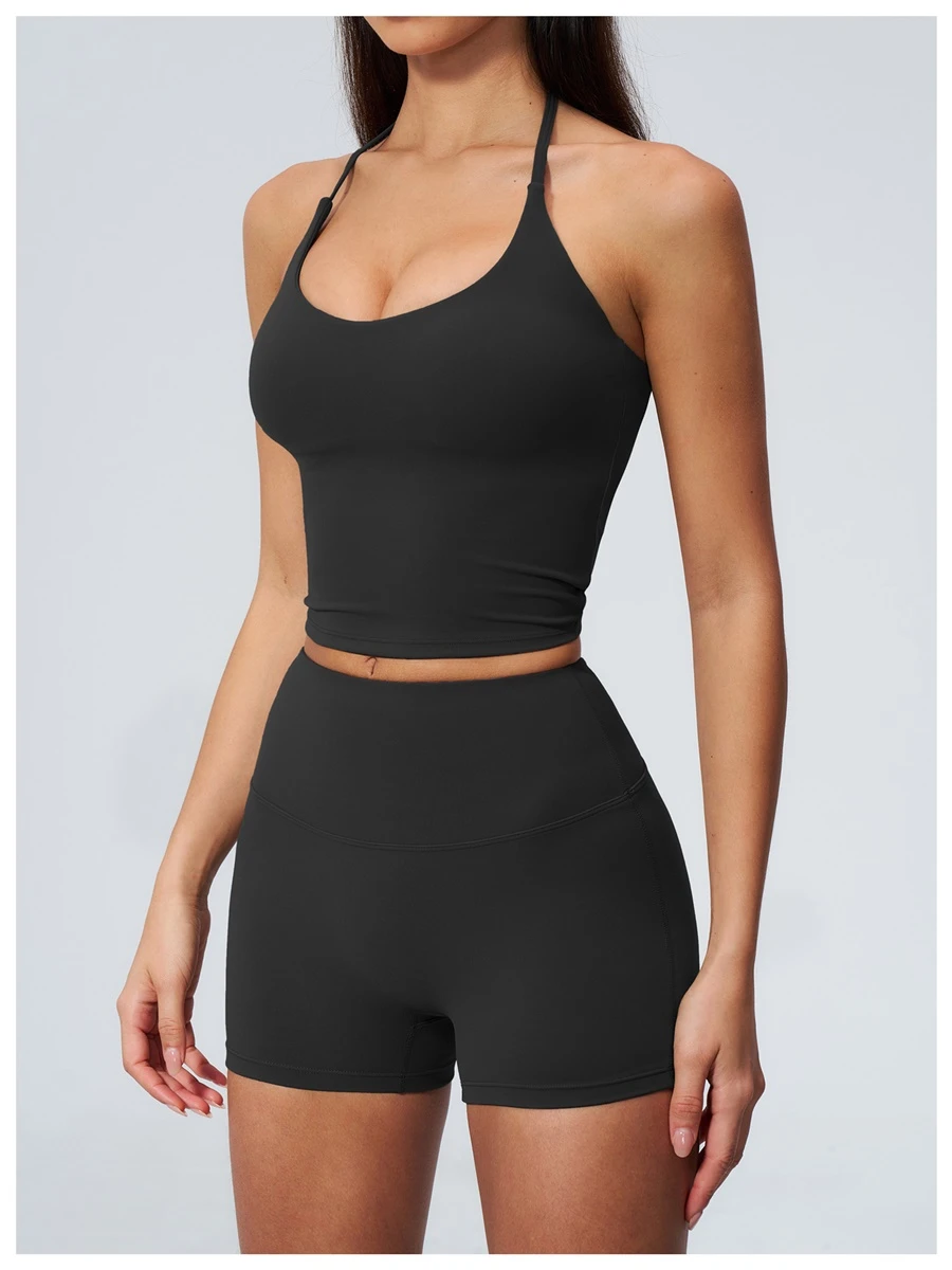 side view for Buttery soft nylon spandex fitness tank top for yoga and Pilates-black