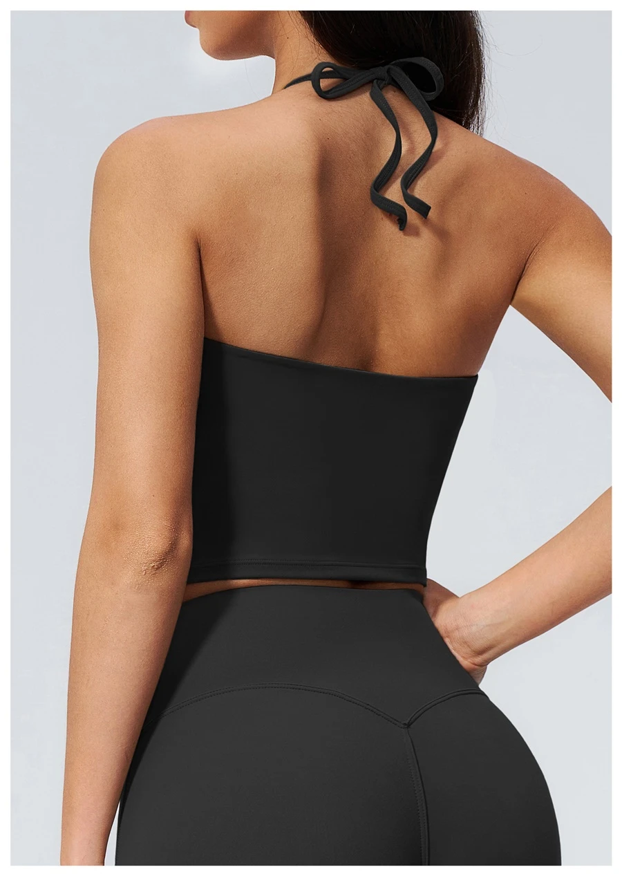 Open back halter yoga tank top highlighting shoulder blades-black