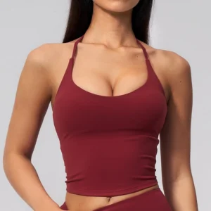 Women's buttery soft halter yoga tank top with deep V neck and open back-angola red