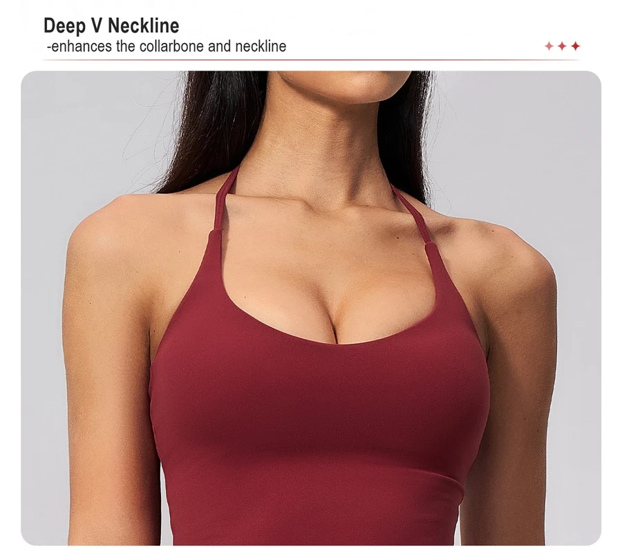 Deep V neck women's workout tank top with removable padded cups