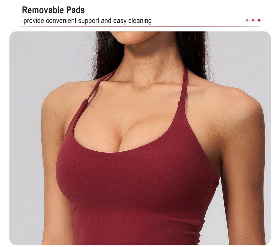 Deep V neck women's workout tank top with removable padded cups-side view