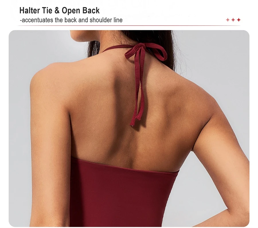 Open back halter yoga tank top highlighting shoulder blades