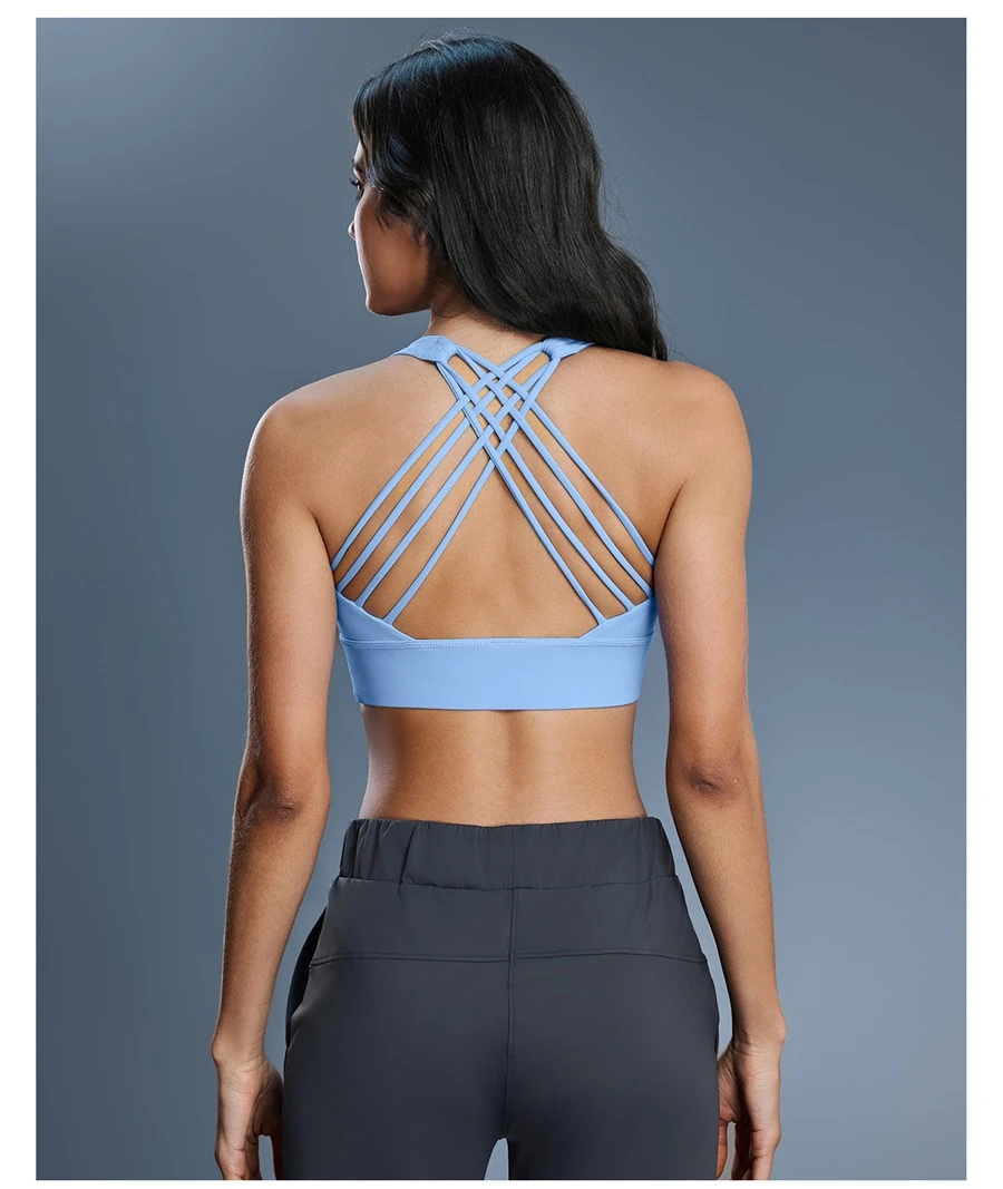 Women's cross back workout bra with multi strap open back design