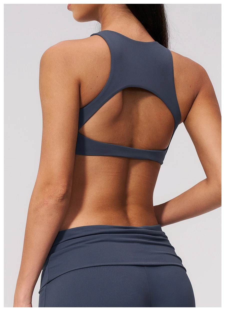 Open back fitness sports bra with four way stretch support design-blue