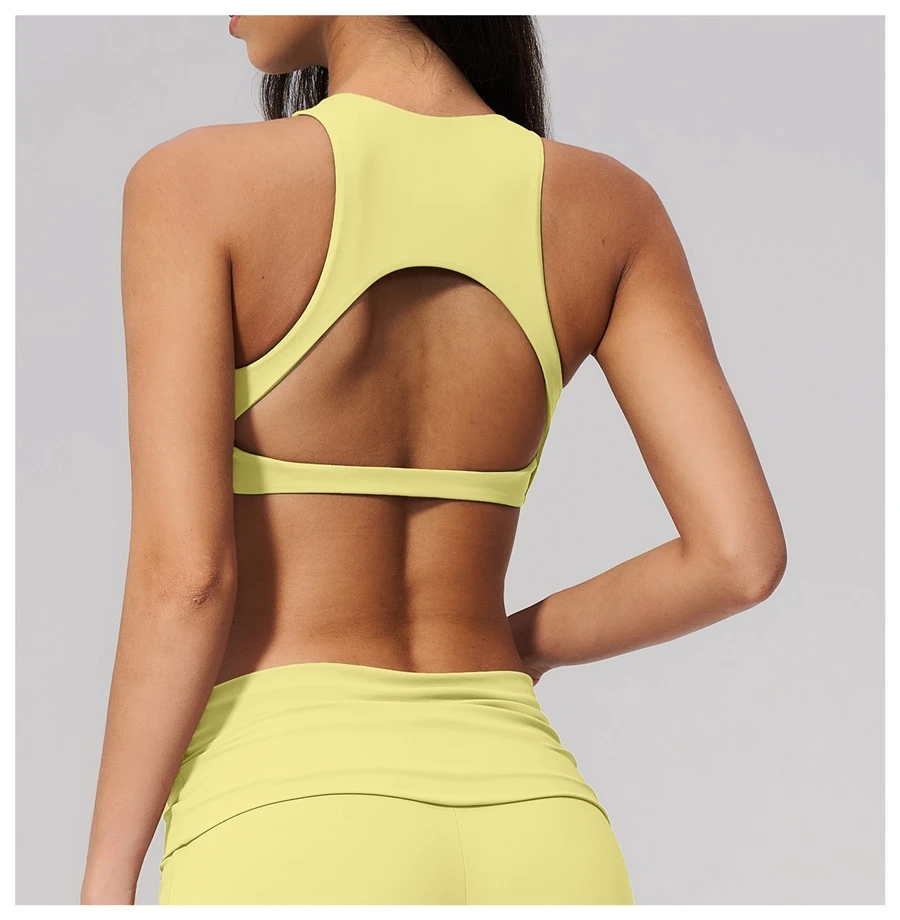 Open back fitness sports bra with four way stretch support design-yellow