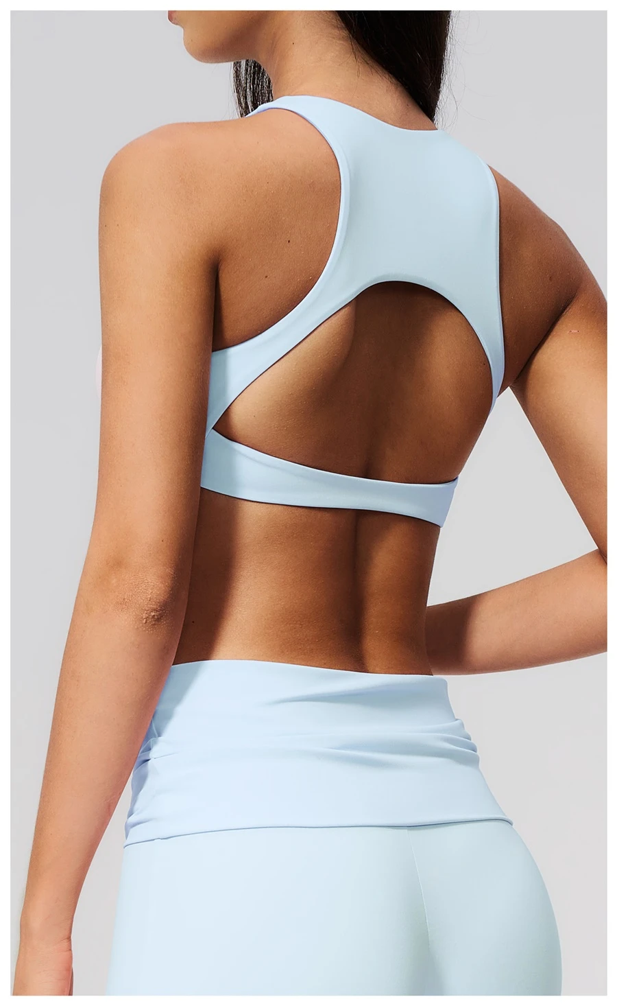 Open back fitness sports bra with four way stretch support design-fantasy blue