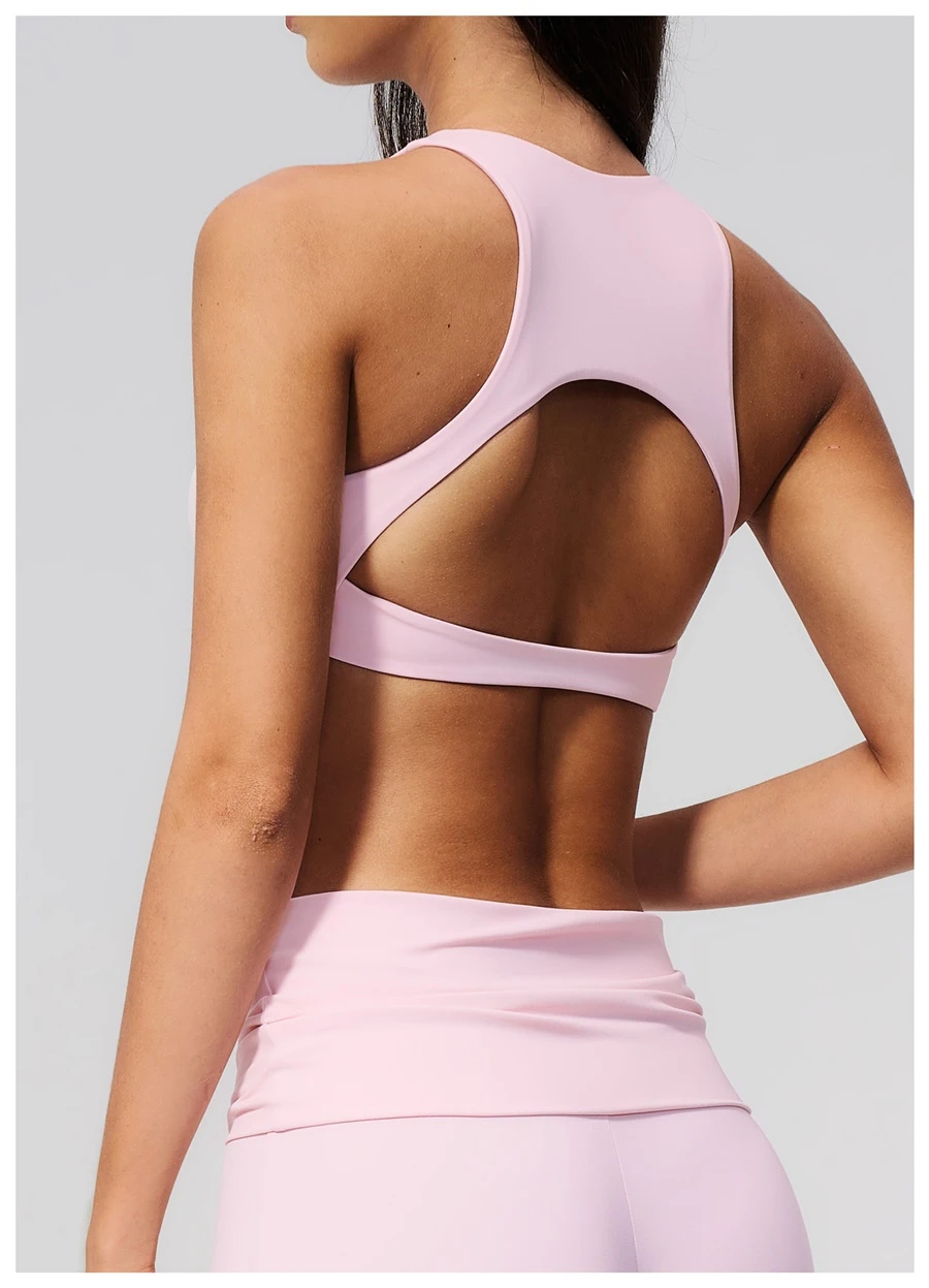 Open back fitness sports bra with four way stretch support design-pink