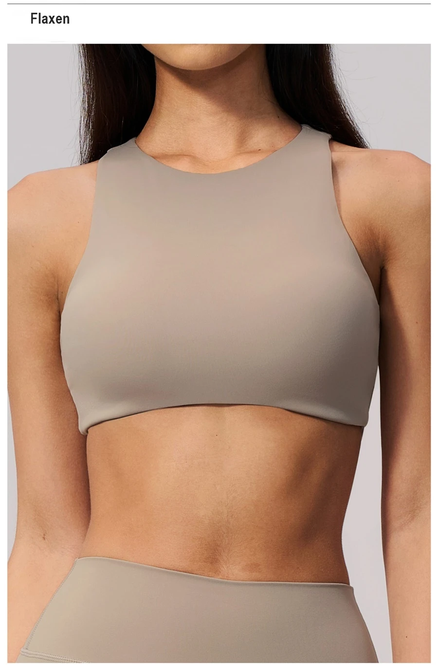 Woman wearing high impact backless sports bra during yoga and gym training-flaxen front