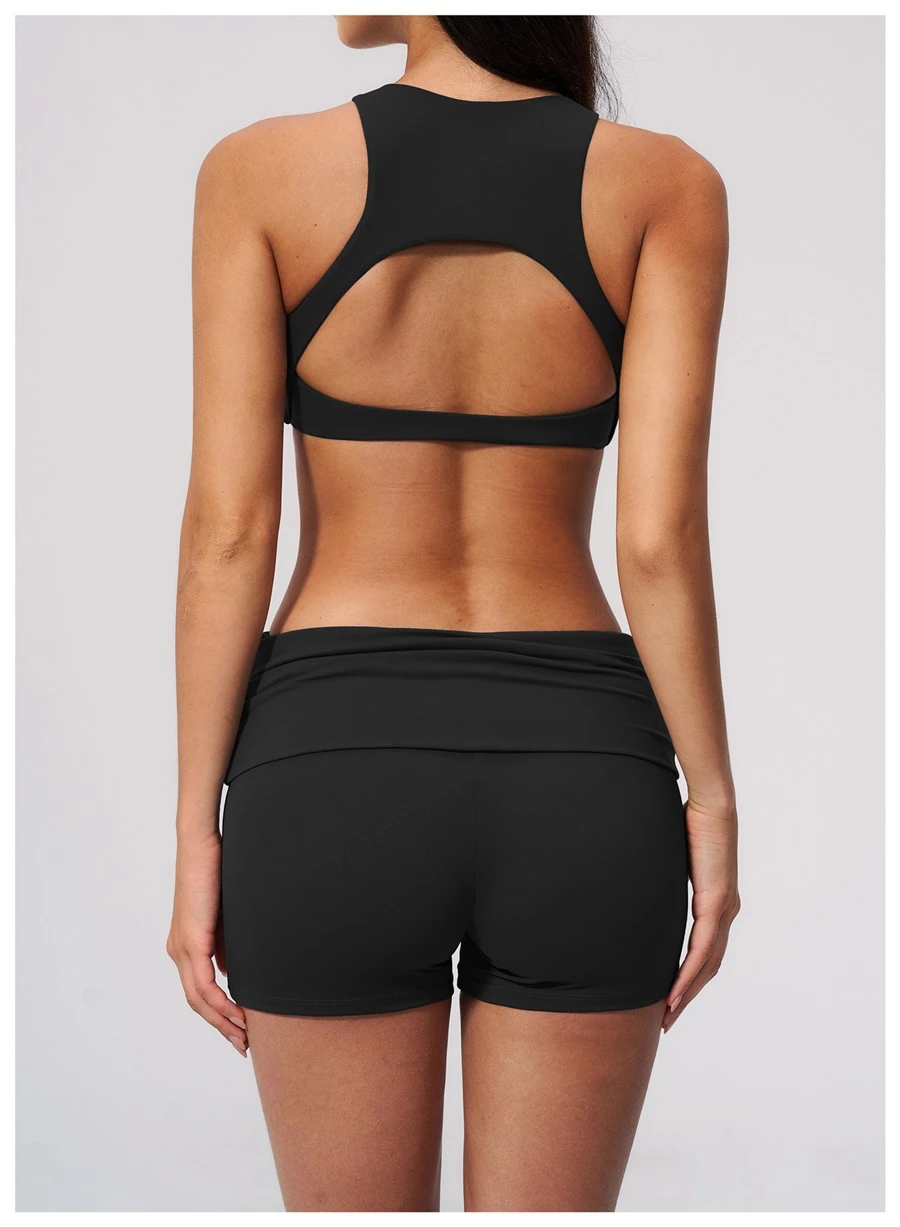 Open back fitness sports bra with four way stretch support design-black