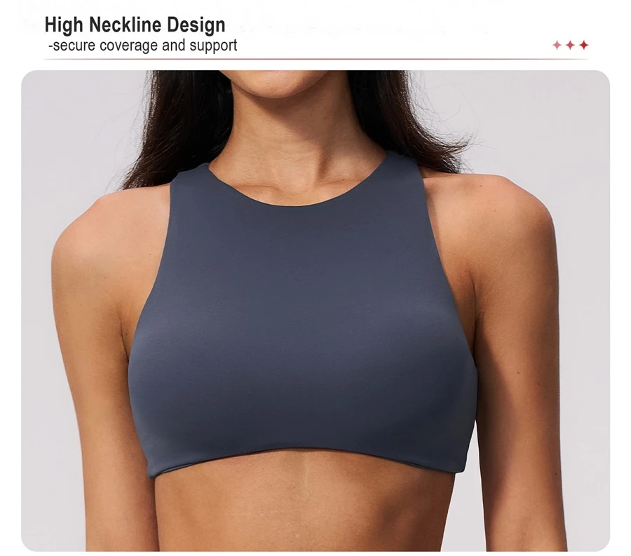 Woman wearing high impact backless sports bra during yoga and gym training-front