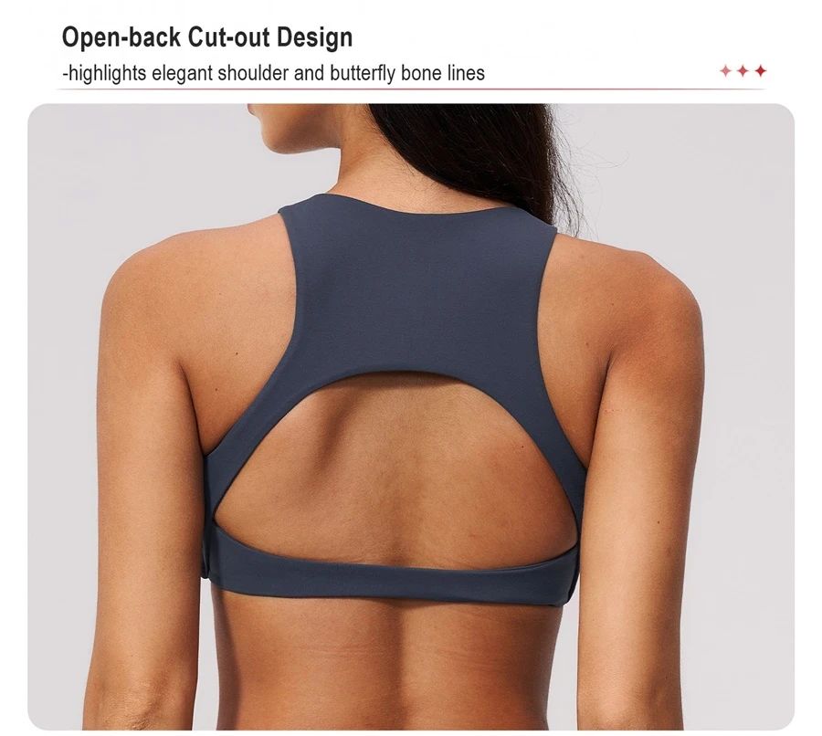 Open back fitness sports bra with four way stretch support design
