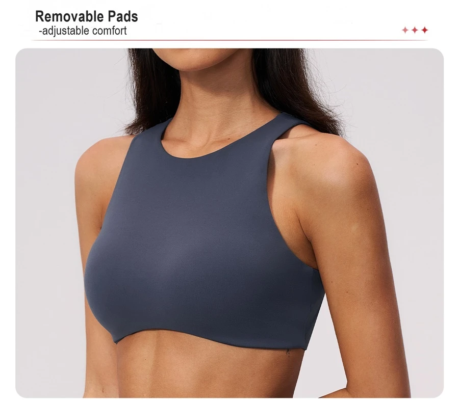 Woman wearing high impact backless sports bra during yoga and gym training-side