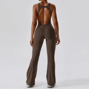 Back view of women's flare bottom bodysuit showing open-back cut-out and butterfly bone accentuation