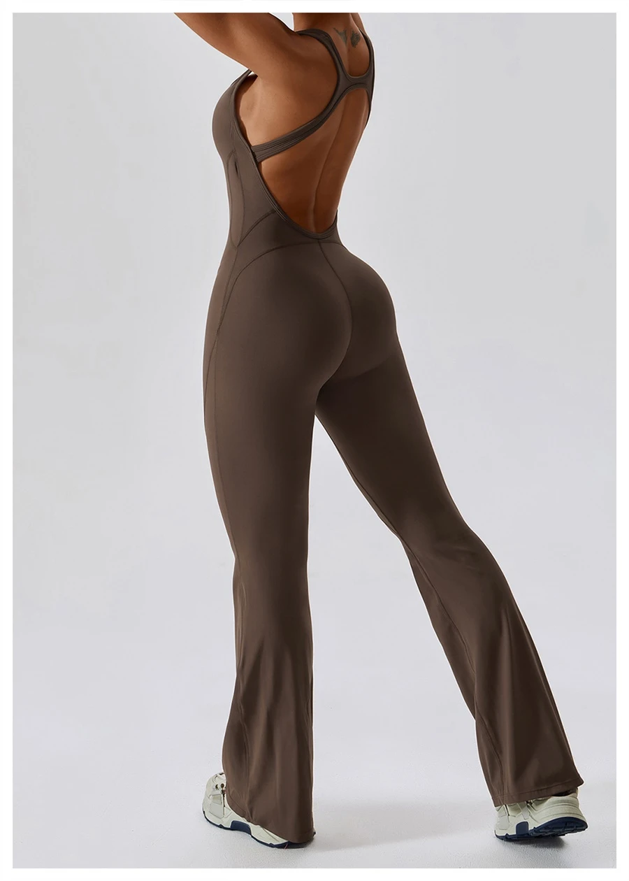 Side view of flare yoga jumpsuit highlighting tummy-control waist and leg-elongating flare silhouette