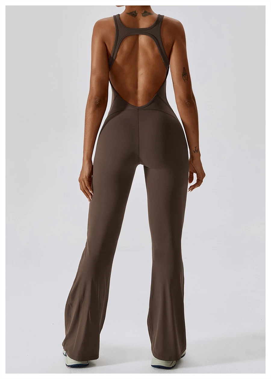 Back view of women's flare bottom bodysuit showing open-back cut-out and butterfly bone accentuation
