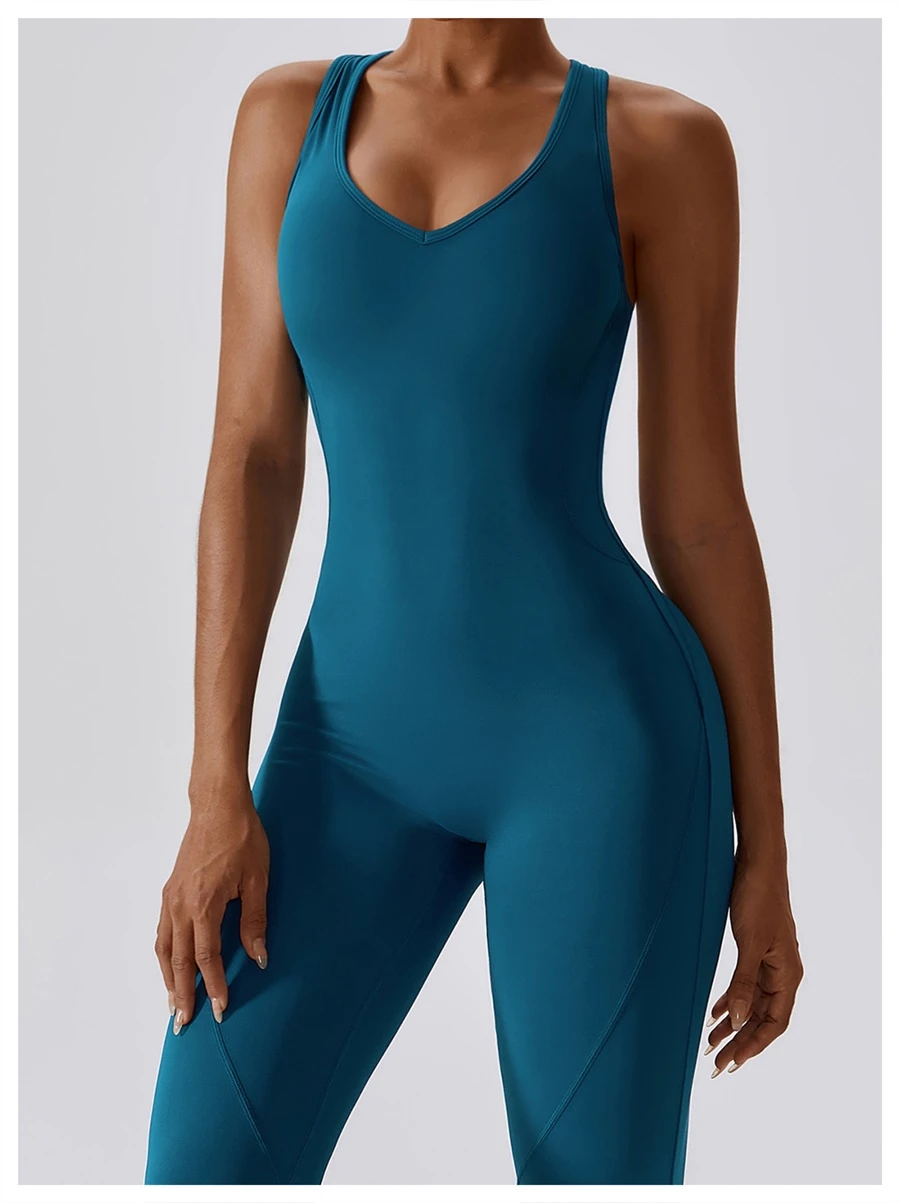 Flare bottom yoga bodysuit for women in black, featuring U-neckline and dancer-inspired silhouette