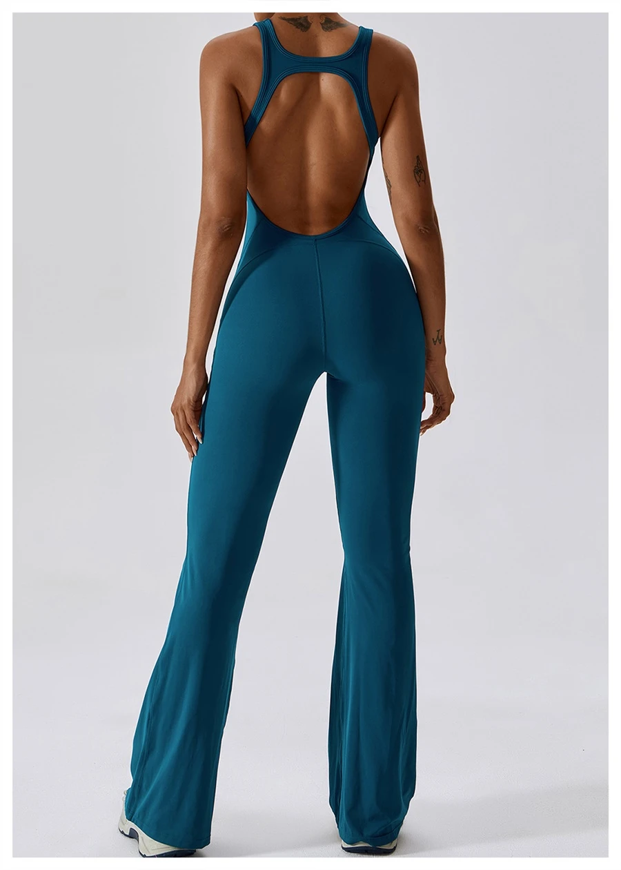 Back view of women's flare bottom bodysuit showing open-back cut-out and butterfly bone accentuation