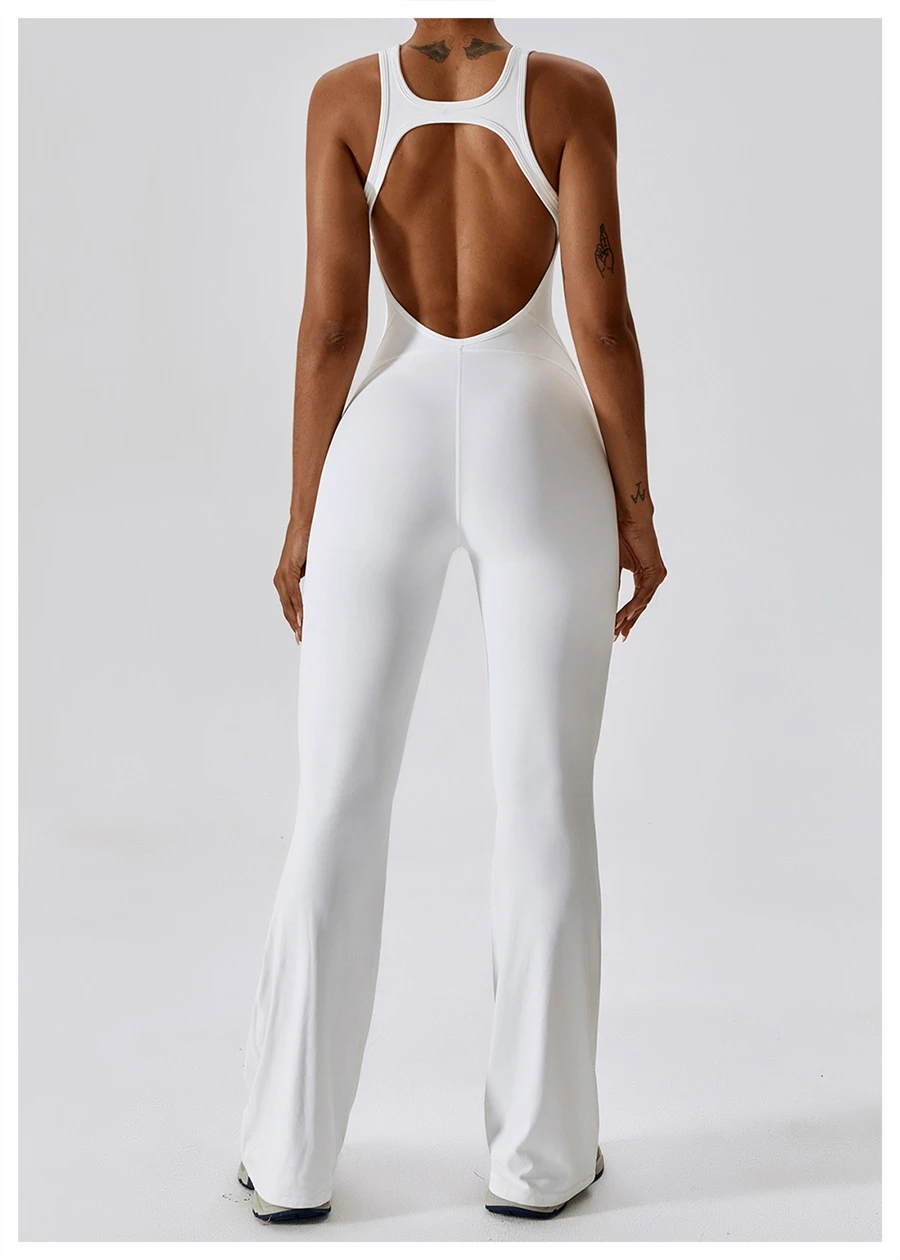 Back view of women's flare bottom bodysuit showing open-back cut-out and butterfly bone accentuation