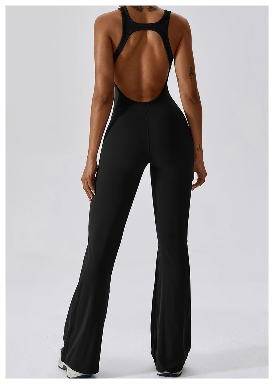 Back view of women's flare bottom bodysuit showing open-back cut-out and butterfly bone accentuation